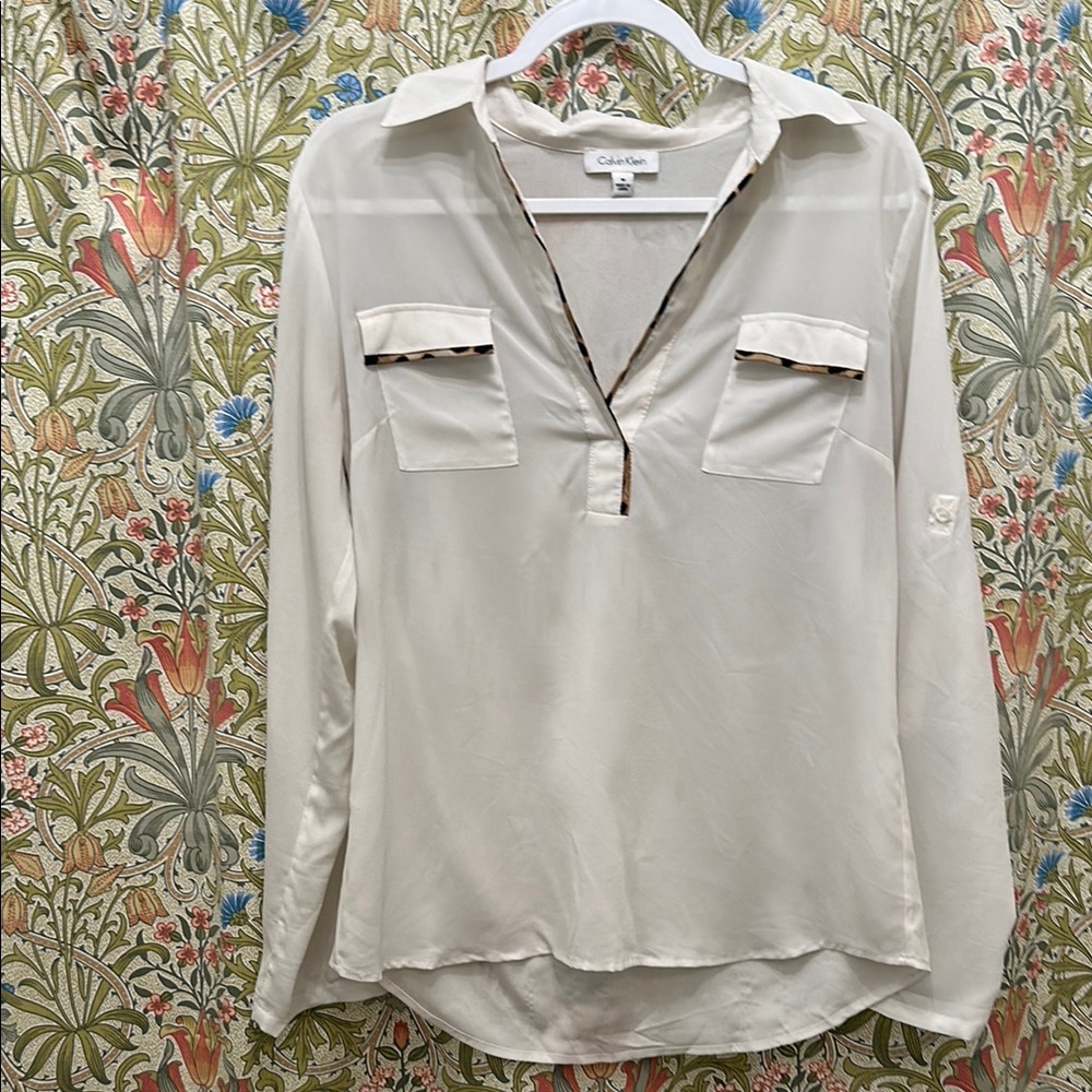 Calvin Klein White Blouse with Cheetah Trim